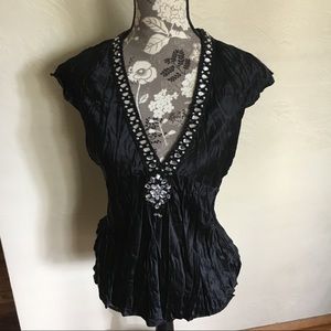 Miss Me Jeweled Black Silk V-neck Top Large jewels